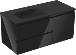 Mexen Orio Badezimmerschrank 100 cm mit Waschbecken Vela links, 2S, 1D, schwarz glänzend/schwarz matt