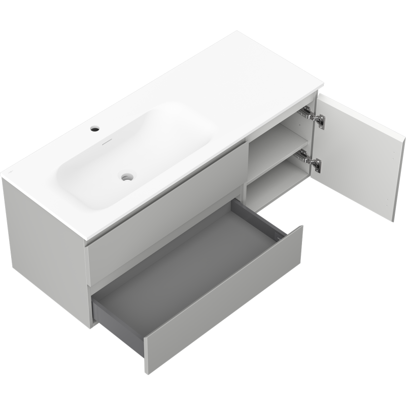 Mexen Orio Badezimmerschrank 120 cm mit linken Waschbecken Vela, 2S, 1D, grau matt/weiß matt - 91A13-12047-3-BBFFF62-W23L01