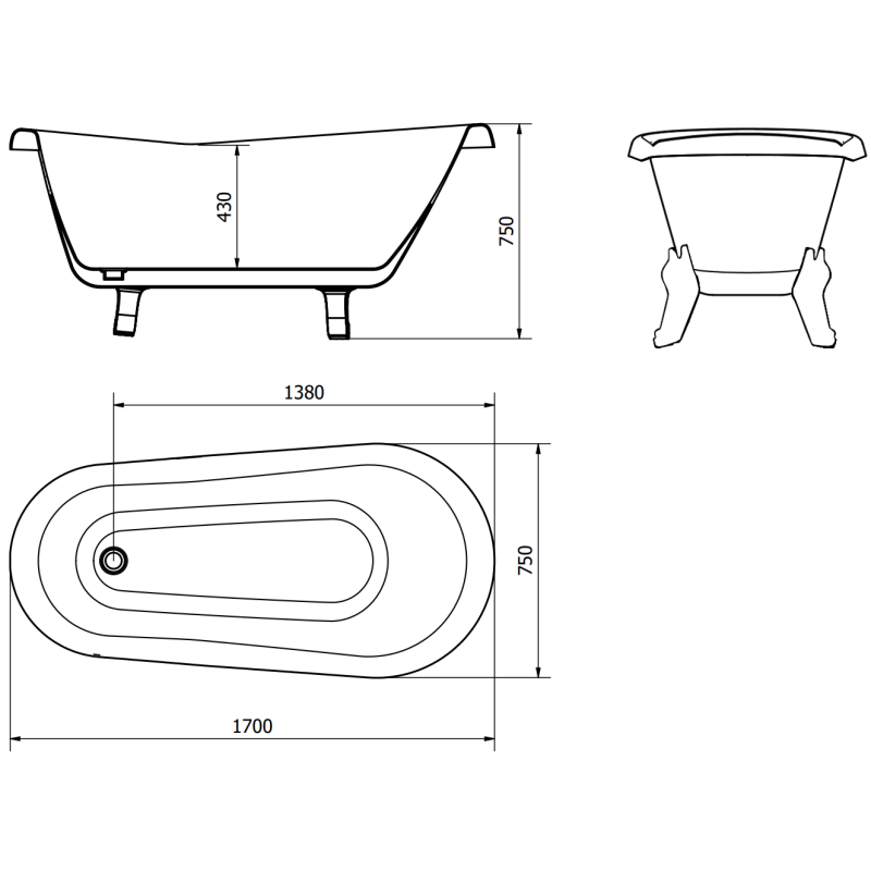 Mexen Retro freistehende Badewanne 170 x 75 cm, weiß/schwarz, Beine verchromt - 53251707575-00