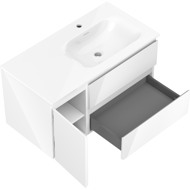 Mexen Orio 90 cm Badezimmerunterschrank mit Waschbecken Vela rechts, 2S, 1D, weiß glänzend - 91A13-09047-3-BBFFF00-W23P00
