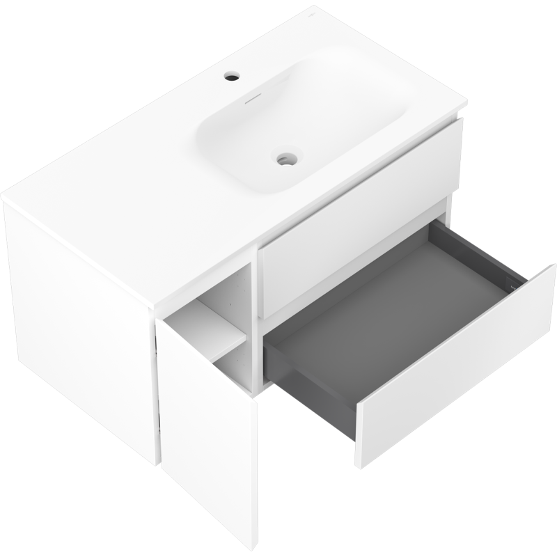 Mexen Orio Badezimmerschrank 90 cm mit Waschbecken Vela rechts, 2S, 1D, weiß matt - 91A13-09047-3-BBFFFF01-W23P01
