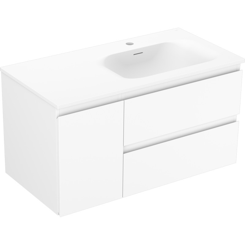Mexen Orio Badezimmerschrank 90 cm mit Waschbecken Vela rechts, 2S, 1T, Weiß Matt - 91A13-09047-3-BBFFFF01-W23P01