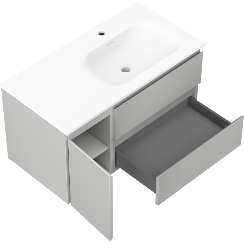 Mexen Orio Badezimmerschrank 90 cm mit Waschbecken Vela rechts, 2S, 1D, grau matt/weiß matt - 91A13-09047-3-BBFFF62-W23P01