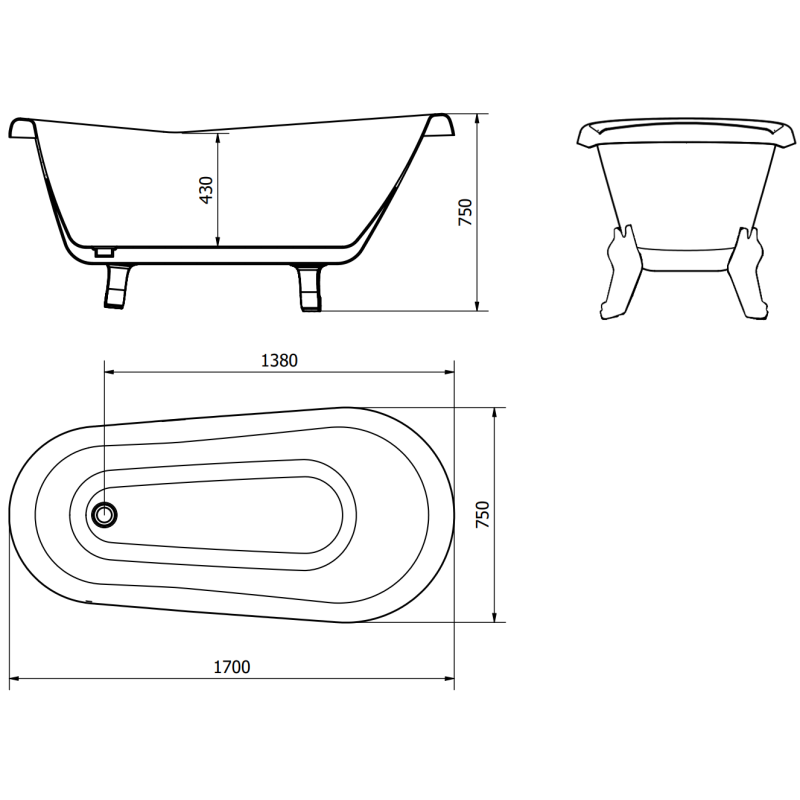 Mexen Retro freistehende Badewanne 170 x 75 cm, weiß/schwarz, goldene Füße - 53251707575-50