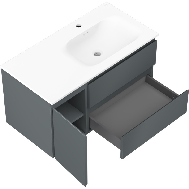 Mexen Orio Badezimmerschrank 90 cm mit Waschbecken Vela rechts, 2S, 1D, Graphit matt/weiß matt - 91A13-09047-3-BBFFF66-W23P01