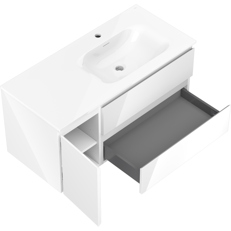 Mexen Orio Badezimmerschrank 100 cm mit Waschbecken Vela rechts, 2S, 1T, weiß glänzend - 91A13-10047-3-BBFFF00-W23P00
