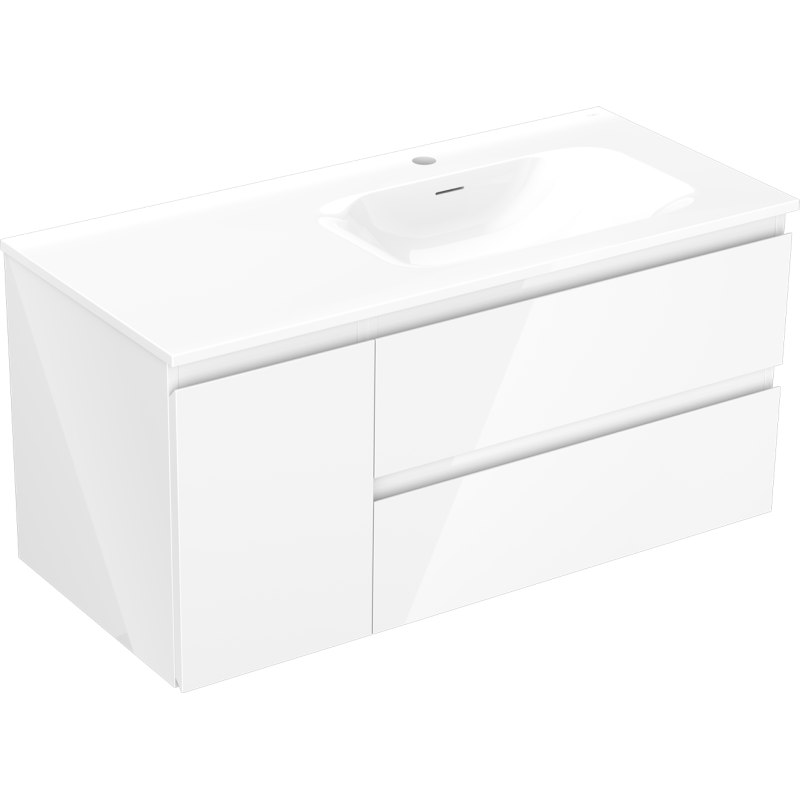 Mexen Orio Badezimmerschrank 100 cm mit Waschbecken Vela rechts, 2S, 1T, weiß glänzend - 91A13-10047-3-BBFFF00-W23P00