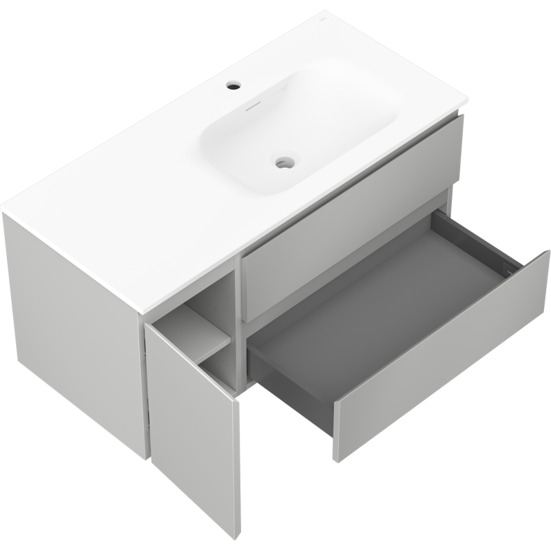 Mexen Orio Badezimmerschrank 100 cm mit Waschbecken Vela rechts, 2S, 1D, grau matt/weiß matt - 91A13-10047-3-BBFFF62-W23P01