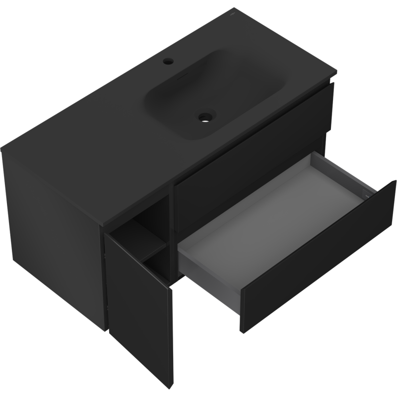 Mexen Orio Badezimmerschrank 100 cm mit Waschbecken Vela rechts, 2S, 1T, schwarz matt - 91A13-10047-3-BBFFF71-W23P71