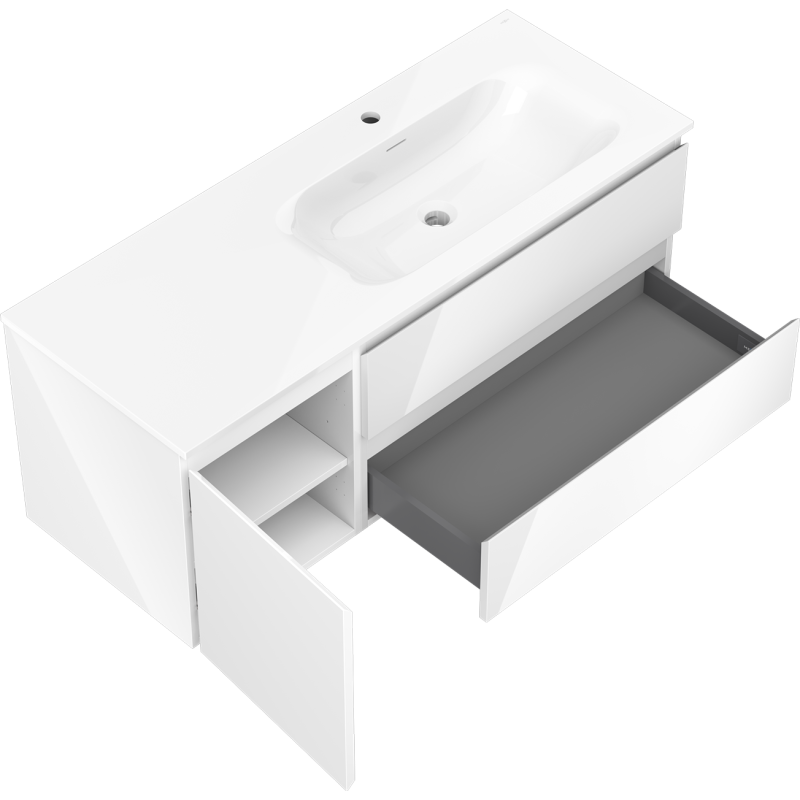 Mexen Orio Badezimmerschrank 120 cm mit Waschbecken Vela rechts, 2S, 1D, weiß glänzend - 91A13-12047-3-BBFFF00-W23P00
