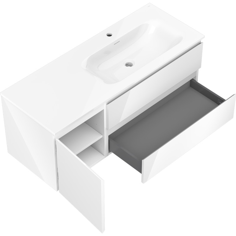 Mexen Orio Badezimmerschrank 120 cm mit Waschbecken Vela rechts, 2S, 1T, weiß glänzend - 91A13-12047-3-BBFFF00-W23P00