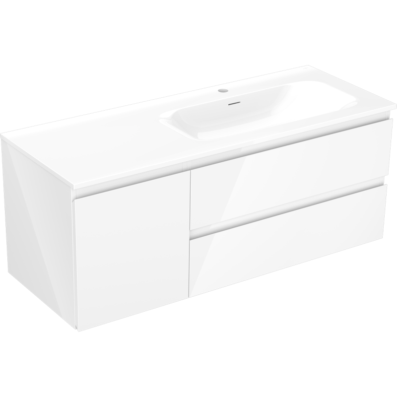 Mexen Orio Badezimmerschrank 120 cm mit Waschbecken Vela rechts, 2S, 1D, weiß glänzend - 91A13-12047-3-BBFFF00-W23P00