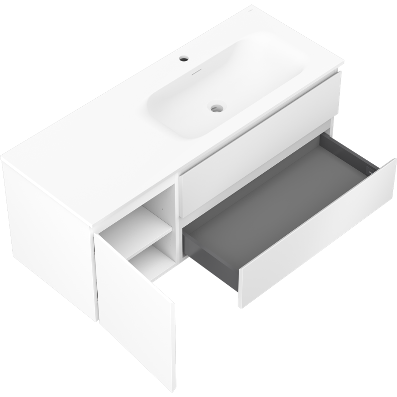 Mexen Orio Badezimmerschrank 120 cm mit Waschbecken Vela rechts, 2S, 1D, weiß matt - 91A13-12047-3-BBFFFF01-W23P01