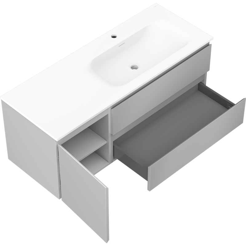 Mexen Orio Badezimmerschrank 120 cm mit Waschbecken Vela rechts, 2S, 1D, grau matt/weiß matt - 91A13-12047-3-BBFFF62-W23P01