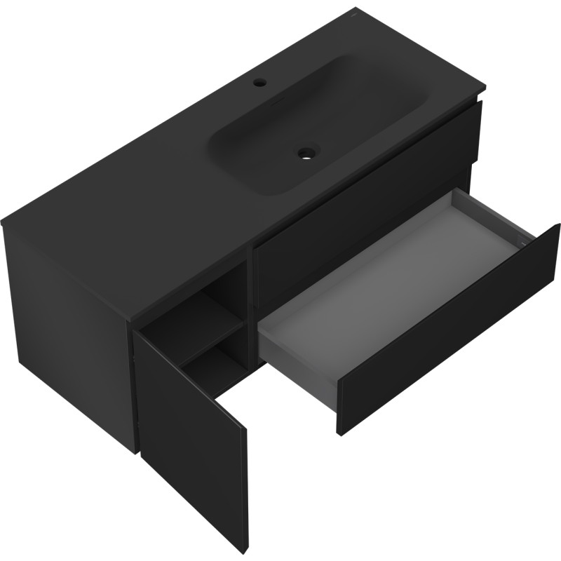 Mexen Orio Badezimmerschrank 120 cm mit Waschbecken Vela rechts, 2S, 1D, schwarz matt - 91A13-12047-3-BBFFF71-W23P71