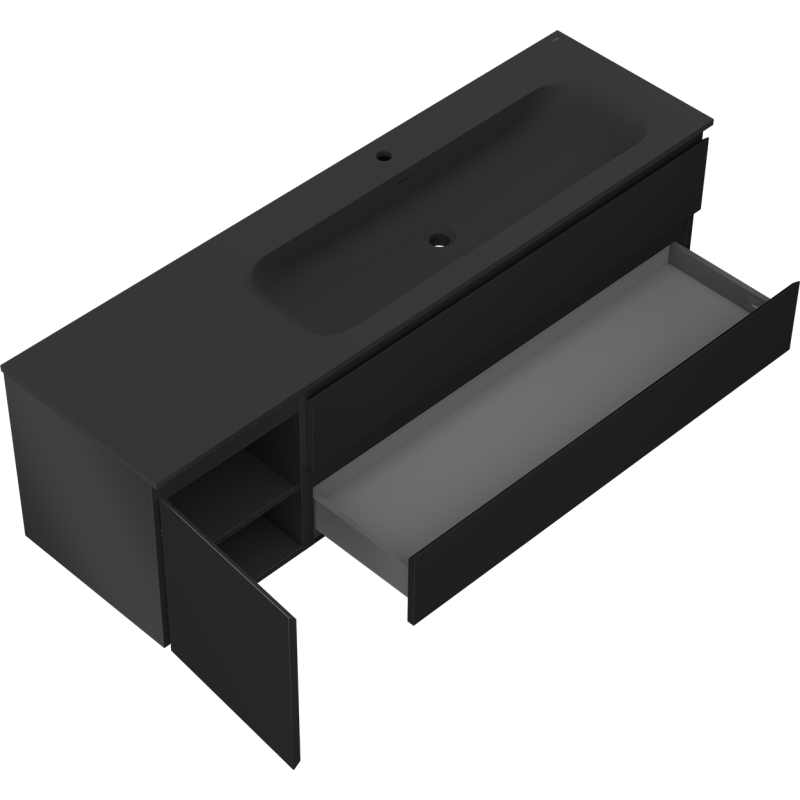 Mexen Orio Badezimmerschrank 160 cm mit Waschbecken Vela rechts, 2S, 1D, Schwarz Matt - 91A13-16047-3-BBFFF71-W23P71