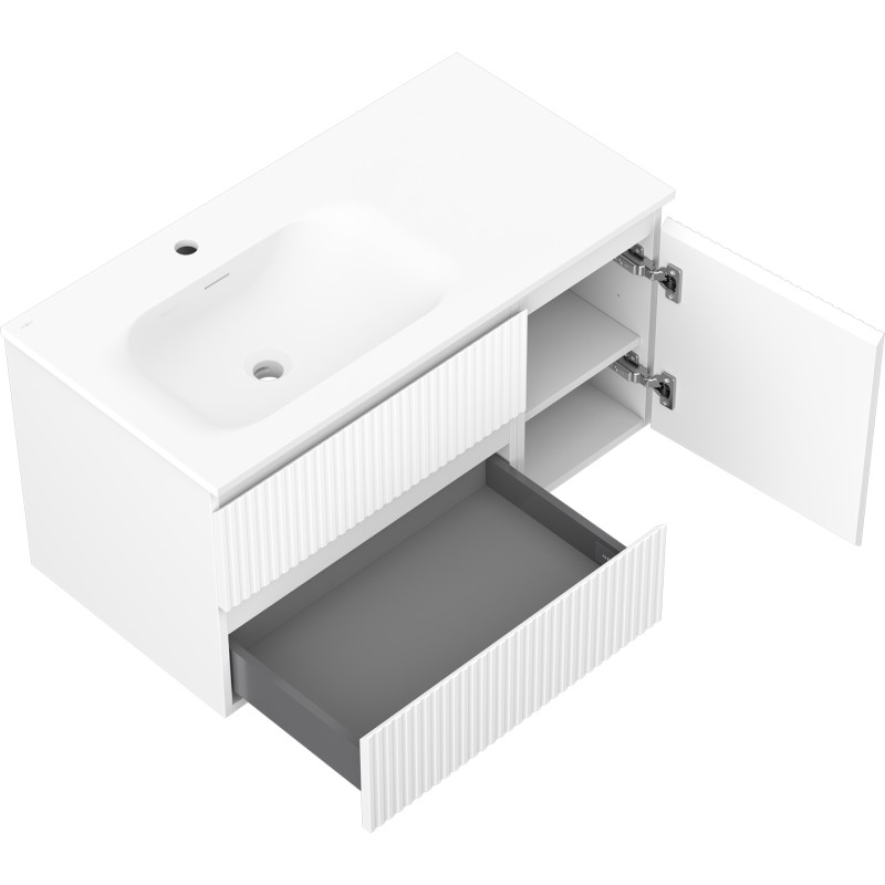 Mexen Rivel Badezimmerschrank 90 cm mit Waschbecken Vela links, 2S, 1D, geriffelt, weiß matt - 91A23-09047-3-BBFFF01-W23L01