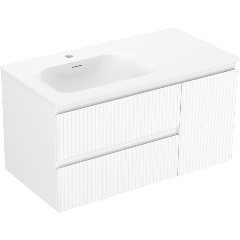 Mexen Rivel Badezimmerschrank 90 cm mit Waschbecken Vela links, 2S, 1D, geriffelt, weiß matt - 91A23-09047-3-BBFFF01-W23L01