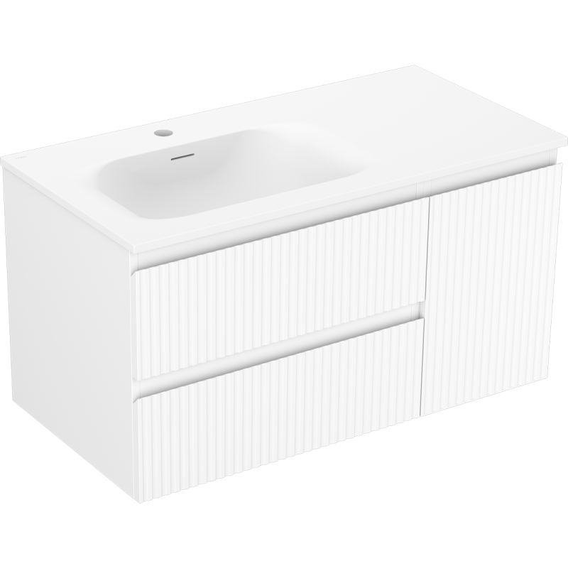 Mexen Rivel Badezimmerschrank 90 cm mit Waschbecken Vela links, 2S, 1D, gerillt, weiß matt - 91A23-09047-3-BBFFF01-W23L01