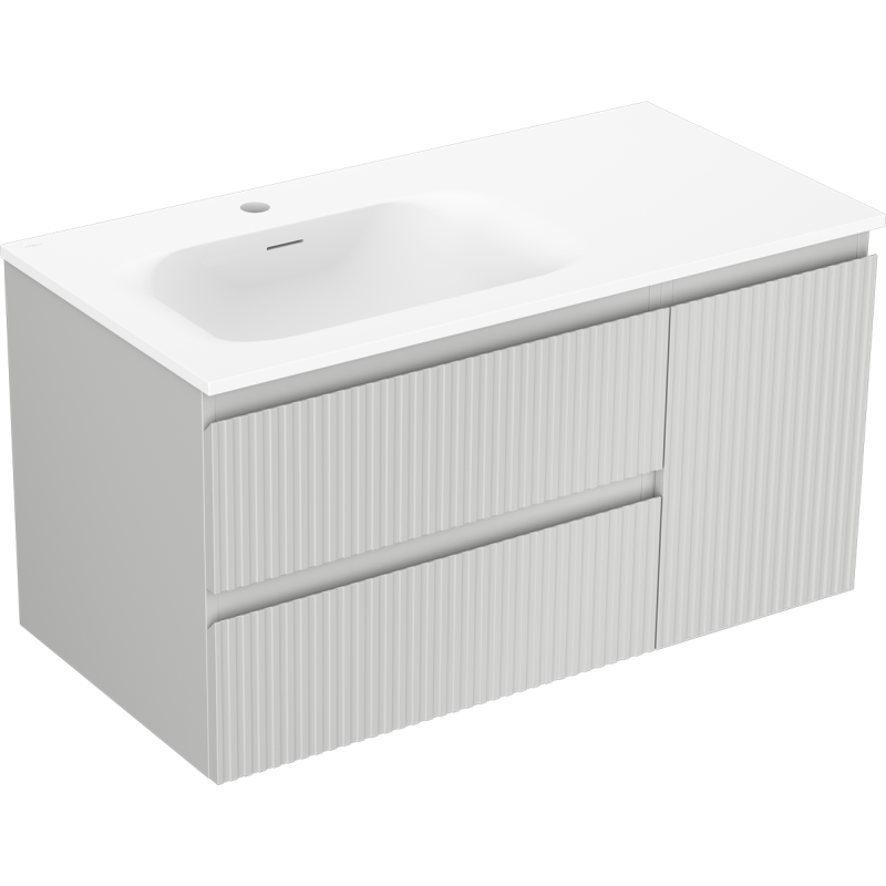 Mexen Rivel Badezimmerschrank 90 cm mit Waschbecken Vela links, 2S, 1T, gerillt, grau matt/weiß matt