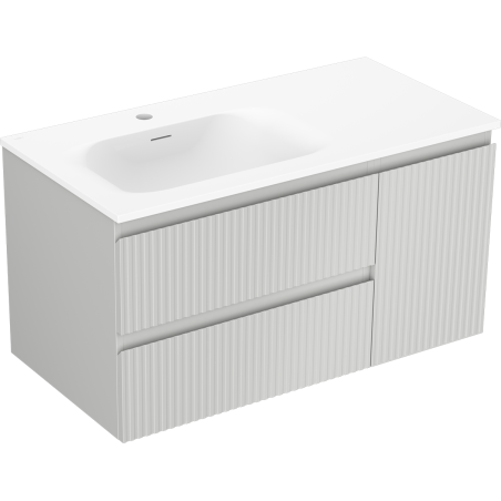 Mexen Rivel Badezimmerschrank 90 cm mit Waschbecken Vela links, 2S, 1T, gerillt, grau matt/weiß matt