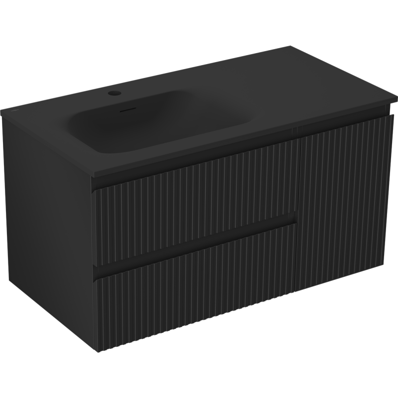 Mexen Rivel Badezimmerschrank 90 cm mit Vela-Links-Waschbecken, 2S, 1T, gerillt, schwarz matt - 91A23-09047-3-BBFFF71-W23L71