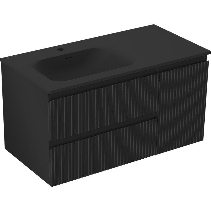 Mexen Rivel Badezimmerschrank 90 cm mit Waschtisch Vela links, 2S, 1D, geriffelt, schwarz matt - 91A23-09047-3-BBFFF71-W23L71