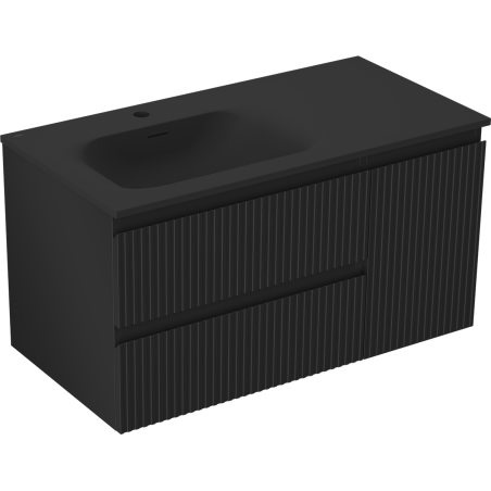 Mexen Rivel Badezimmerschrank 90 cm mit Vela-Links-Waschbecken, 2S, 1T, gerillt, schwarz matt - 91A23-09047-3-BBFFF71-W23L71