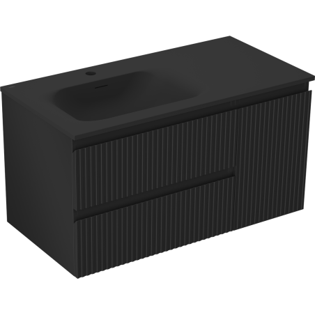 Mexen Rivel Badezimmerschrank 90 cm mit Waschtisch Vela links, 2S, 1D, geriffelt, schwarz matt - 91A23-09047-3-BBFFF71-W23L71