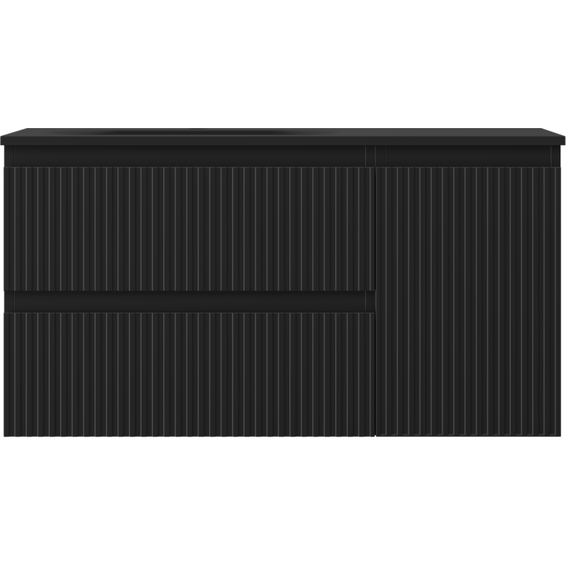 Mexen Rivel Badezimmerschrank 90 cm mit Vela-Links-Waschbecken, 2S, 1T, gerillt, schwarz matt - 91A23-09047-3-BBFFF71-W23L71