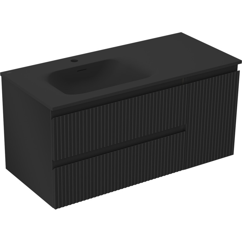 Mexen Rivel Badezimmerschrank 100 cm mit Waschbecken Vela links, 2S, 1T, geriffelt, schwarz matt - 91A23-10047-3-BBFFF71-W23L71