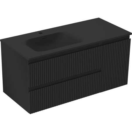 Mexen Rivel Badezimmerschrank 100 cm mit Waschbecken Vela links, 2S, 1T, geriffelt, schwarz matt - 91A23-10047-3-BBFFF71-W23L71