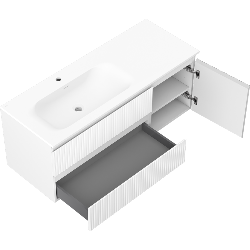 Mexen Rivel 120 cm Badezimmerschrank mit linkem Vela Waschbecken, 2S, 1D, gerillt, weiß matt - 91A23-12047-3-BBFFF01-W23L01