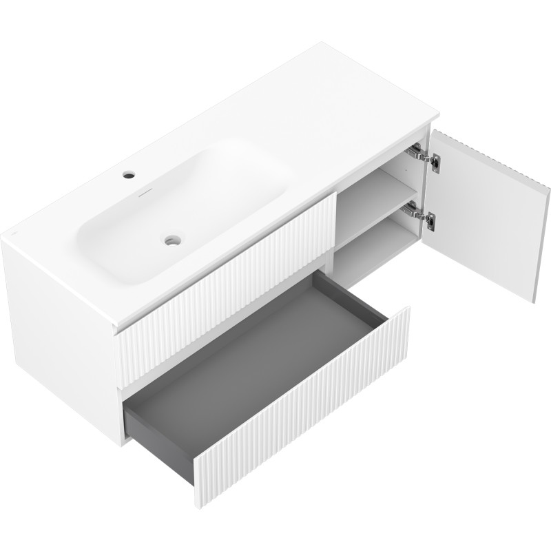 Mexen Rivel Badezimmerschrank 120 cm mit Waschbecken Vela links, 2S, 1T, geriffelt, weiß matt - 91A23-12047-3-BBFFF01-W23L01