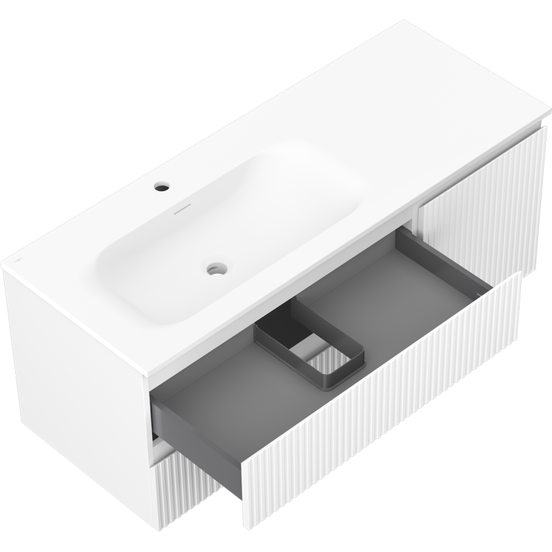 Mexen Rivel 120 cm Badezimmerschrank mit linkem Vela Waschbecken, 2S, 1D, gerillt, weiß matt - 91A23-12047-3-BBFFF01-W23L01