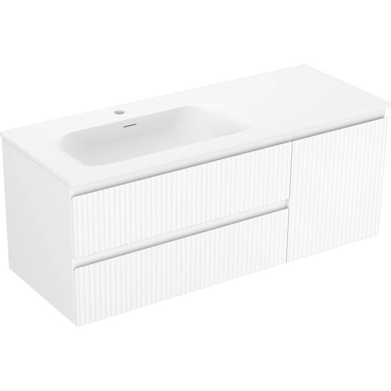 Mexen Rivel 120 cm Badezimmerschrank mit linkem Vela Waschbecken, 2S, 1D, gerillt, weiß matt - 91A23-12047-3-BBFFF01-W23L01
