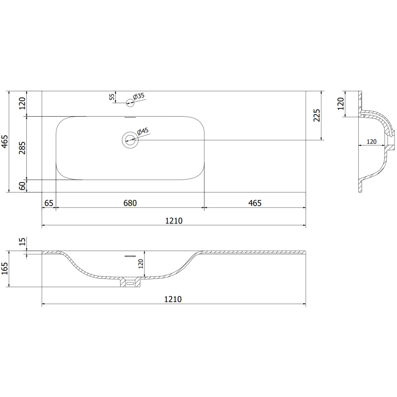 Mexen Rivel 120 cm Badezimmerschrank mit linkem Vela Waschbecken, 2S, 1D, gerillt, weiß matt - 91A23-12047-3-BBFFF01-W23L01