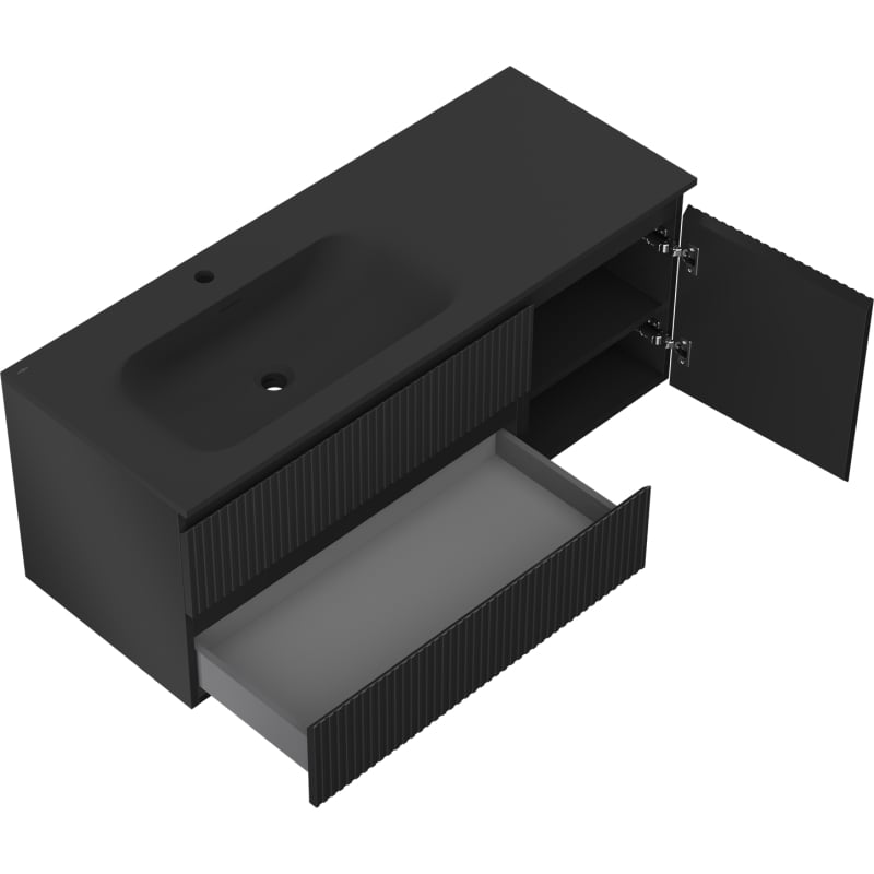 Mexen Rivel Badezimmerschrank 120 cm mit Waschtisch Vela links, 2S, 1T, geriffelt, Schwarz matt - 91A23-12047-3-BBFFF71-W23L71