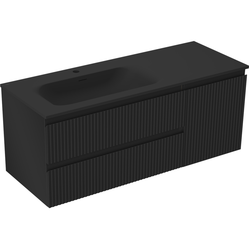 Mexen Rivel Badezimmerschrank 120 cm mit Waschbecken Vela links, 2S, 1D, gerillt, schwarz matt - 91A23-12047-3-BBFFF71-W23L71