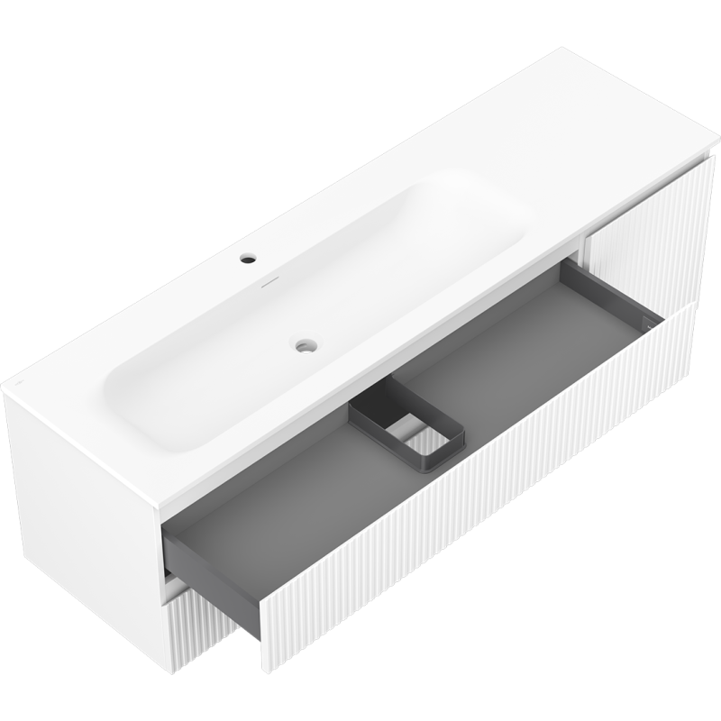 Mexen Rivel Badezimmerschrank 160 cm mit Waschbecken Vela links, 2S, 1D, geriffelt, weiß matt - 91A23-16047-3-BBFFF01-W23L01