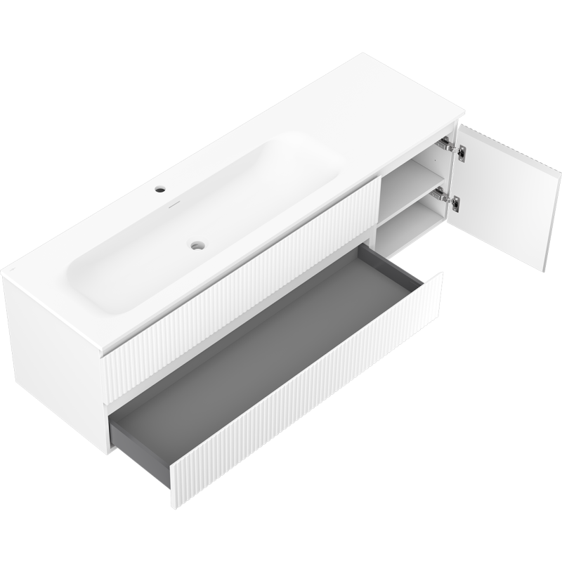 Mexen Rivel Badezimmerschrank 160 cm mit Waschbecken Vela links, 2S, 1D, geriffelt, weiß matt - 91A23-16047-3-BBFFF01-W23L01