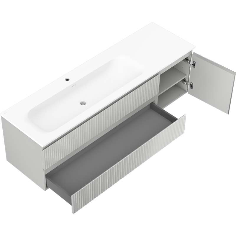 Mexen Rivel 160 cm Badezimmerunterschrank mit Vela-Waschbecken links, 2S, 1D, geriffelt, grau matt/weiß matt