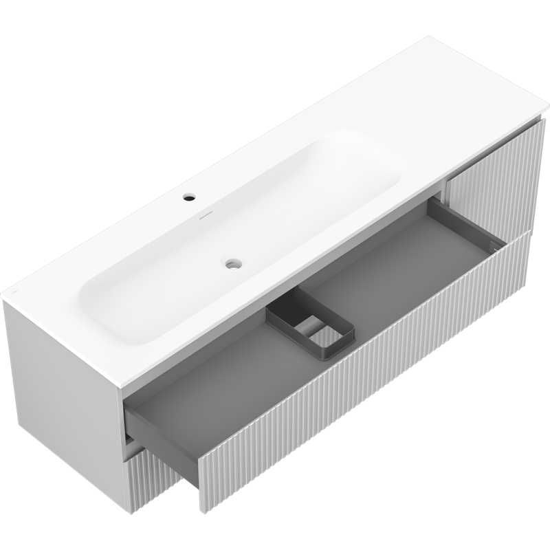Mexen Rivel 160 cm Badezimmerunterschrank mit Vela-Waschbecken links, 2S, 1D, geriffelt, grau matt/weiß matt