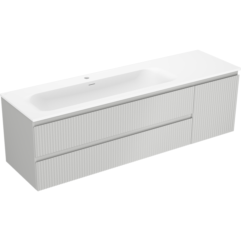 Mexen Rivel 160 cm Badezimmerunterschrank mit Vela-Waschbecken links, 2S, 1D, geriffelt, grau matt/weiß matt