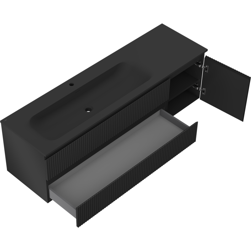 Mexen Rivel Badezimmerschrank 160 cm mit Waschbecken Vela links, 2S, 1D, gerillt, schwarz matt - 91A23-16047-3-BBFFF71-W23L71