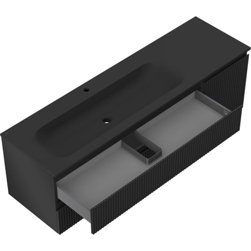 Mexen Rivel Badezimmerschrank 160 cm mit Waschbecken Vela links, 2S, 1D, gerillt, schwarz matt - 91A23-16047-3-BBFFF71-W23L71