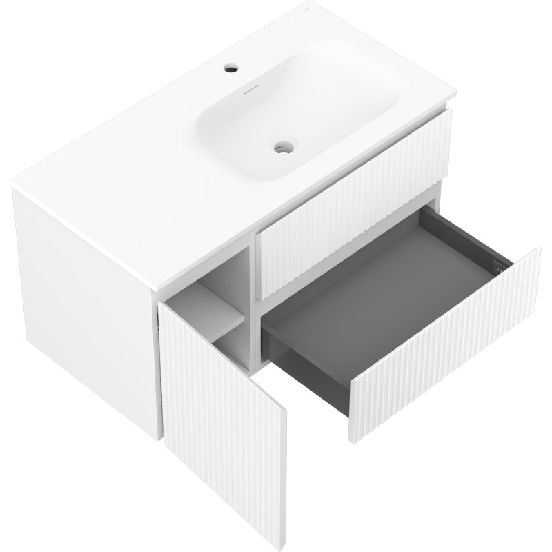 Mexen Rivel Badezimmerschrank 90 cm mit Waschbecken Vela rechts, 2S, 1D, geriffelt, weiß matt - 91A23-09047-3-BBFFF01-W23P01