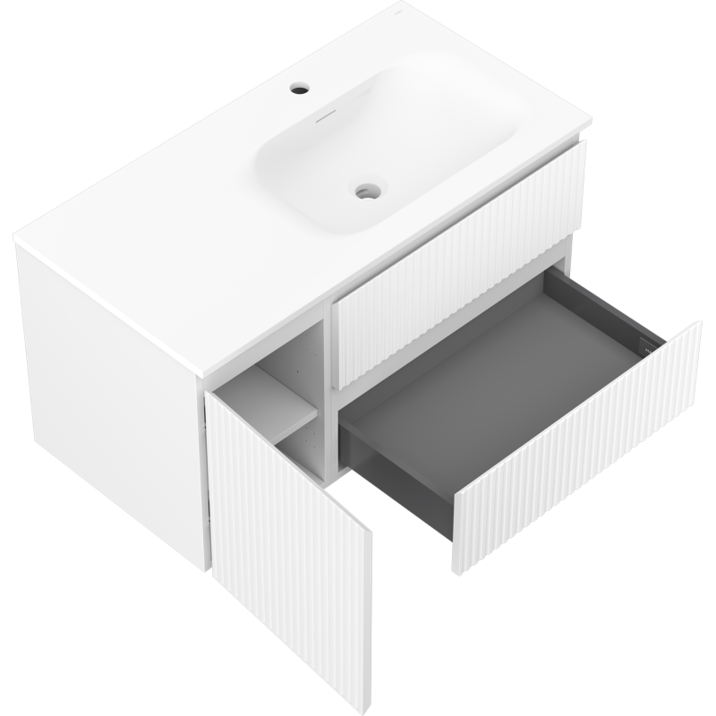 Mexen Rivel Badezimmerschrank 90 cm mit Waschbecken Vela rechts, 2S, 1D, gerillt, weiß matt - 91A23-09047-3-BBFFF01-W23P01