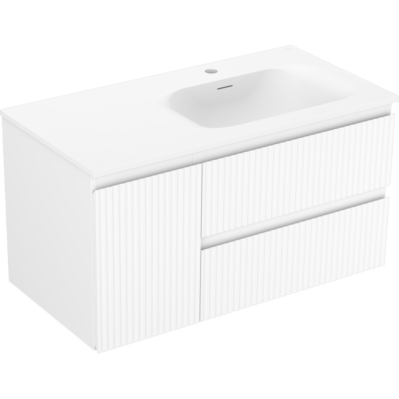 Mexen Rivel Badezimmerschrank 90 cm mit Waschbecken Vela rechts, 2S, 1D, geriffelt, weiß matt - 91A23-09047-3-BBFFF01-W23P01