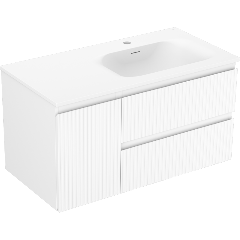 Mexen Rivel Badezimmerschrank 90 cm mit Waschbecken Vela rechts, 2S, 1D, gerillt, weiß matt - 91A23-09047-3-BBFFF01-W23P01